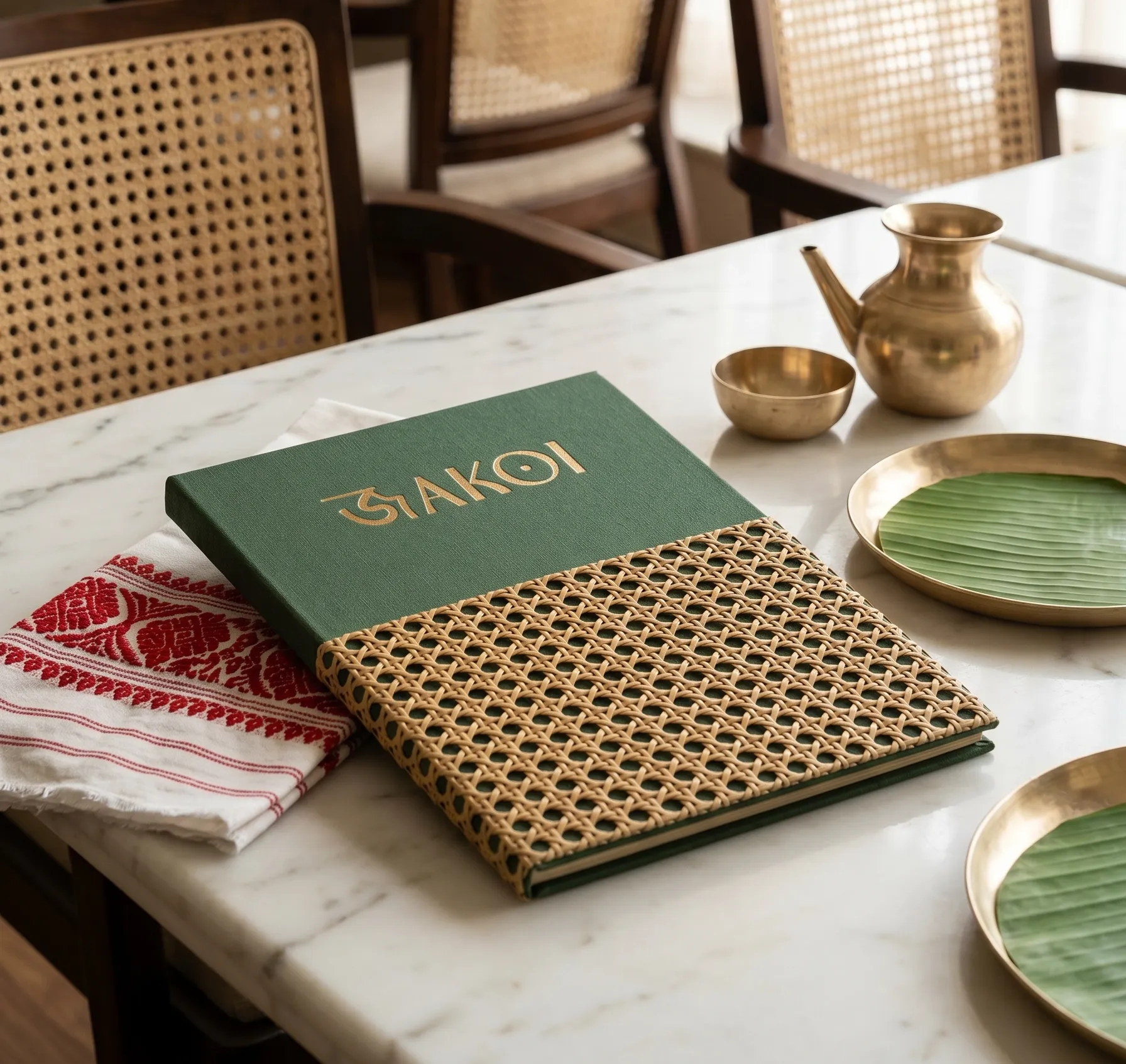 Jakoi restaurant menu in green cloth and cane weave, styled with brass tableware and a gamusa cloth
